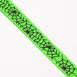 Green Halloween Ornaments Spider Web Pattern Printed Grosgrain Ribbons, Green, 3/8 inch(9mm), about 100yards/roll(91.44m/roll)