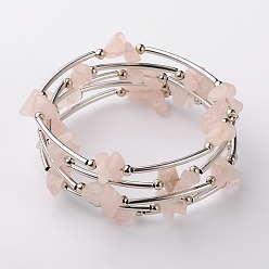Rose Quartz Gemstone Chip Warp Bracelets, Steel Bracelet Memory Wire with Brass Tube Beads and Iron Round Beads, Platinum, Rose Quartz, 53mm