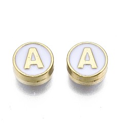 Letter A Des perles d'émail en alliage, sans cadmium et sans plomb, or et de lumière, rond et plat avec alphabet, blanc, letter.a, 8x4mm, Trou: 1.5mm