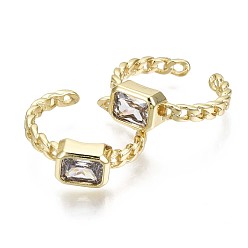 Clear Brass Micro Pave Cubic Zirconia Cuff Rings, Open Rings, Nickel Free, Curb Chain Shape, Rectangle Octagon, Real 16K Gold Plated, Clear, US Size 6(16.5mm)