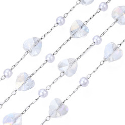 Clear AB Glass Heart & ABS Plastic Pearl Beaded Chains, with Stainless Steel Color Plated 316 Stainless Steel Paperclip Chains, Soldered, Faceted, with Spool, Clear AB, 8x8x6mm, about 16.40 Feet(5m)/Roll