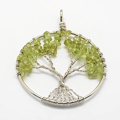 Mixed Stone Tree of Life Natural & Synthetic Mixed Stone Bead Brass Wire Wrapped Big Pendants, Cadmium Free & Nickel Free & Lead Free, 50~64x48~52x5~8mm, Hole: 3~6mm