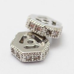 Platinum Brass Micro Pave Cubic Zirconia Beads, Hexagon, Lead Free & Nickel Free, Platinum, 6x5.5x2mm, Hole: 0.8mm