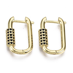 Black Brass Micro Pave Cubic Zirconia Huggie Hoop Earring, Oval, Nickel Free, Real 16K Gold Plated, Black, 22x15x5mm, Pin: 1.3mm