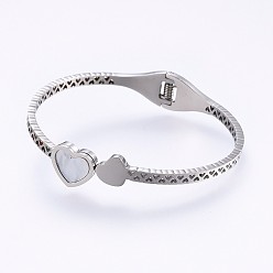 Stainless Steel Color 304 Stainless Steel Bangles, with Shell, Heart, Stainless Steel Color, 2-1/4 inch(5.7cm)x2 inch(5cm), 3~12mm