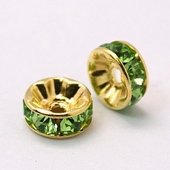 Peridot Brass Grade A Rhinestone Spacer Beads, Golden Plated, Rondelle, Nickel Free, Peridot, 6x3mm, Hole: 1mm