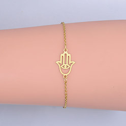 Golden 201 Stainless Steel Link Bracelets, with Lobster Claw Clasps, Hamsa Hand, Golden, 6-7/8 inch(17.5~17.6cm)