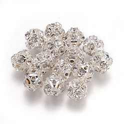 Silver Brass Clear Rhinestone Beads, Grade B, Round, Silver Color Plated, 10mm