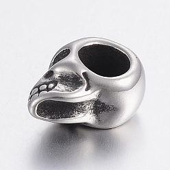 Antique Silver 304 Stainless Steel European Beads, Large Hole Beads, Skull, Antique Silver, 13x7x10mm, Hole: 5mm