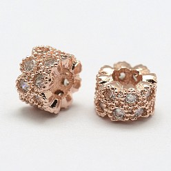 Rose Gold Brass Micro Pave Cubic Zirconia Beads, Column, Cadmium Free & Nickel Free & Lead Free, Rose Gold, 6x4mm, Hole: 3mm