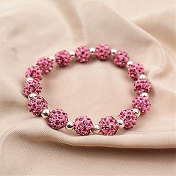 Rose Clair Perles de boule pave disco , Perles de strass d'argile polymère , ronde, rose clair, pp 13 (1.9~2 mm), 6 rangées de strass, 10 mm, Trou: 1.5mm