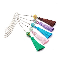 Mixed Color Metal Bookmark Gift with Polyester Tassel Big Pendant Decorations, Handmade Bumpy Lampwork & Brass Beads, for Book Lovers, Writers, Readers, Mixed Color, 137mm