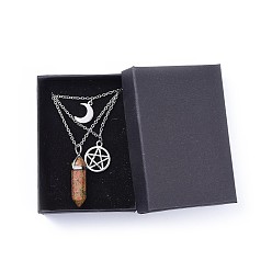 Mixed Stone Bullet Natural & Synthetic Gemstone Pendant Tiered Necklaces, with Tibetan Style Alloy Findings and 304 Stainless Steel Findings, Packing Box, 16.4 inch(41.8cm), 2mm