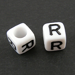 Letter R Lettre acrylique européenne perles, trou horizontal, cube, letter.r, 10x10x10mm, Trou: 3.5~4mm, environ598 pcs / 500 g