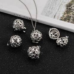 Platinum Brass Rhinestone Hollow Round with Heart Cage Pendants, For Chime Ball Pendant Necklaces Making, Lead Free & Nickel Free & Cadmium Free, Platinum, 22mm, Hole: 3.5x8mm, inner diameter: 18mm