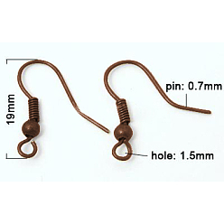 Red Copper Brass Earring Hooks, French Hooks with Coil and Ball and Horizontal Loop, Red Copper, 18mm