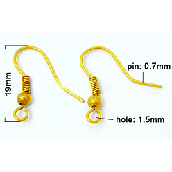 Golden Brass Earring Hooks, with Beads and Horizontal Loop, Nickel Free, Golden, 19mm, Hole: 1.5mm, 21 Gauge, Pin: 0.7mm