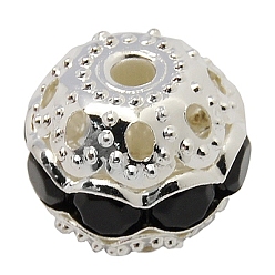 Jet Brass Rhinestone Beads, Grade A, Silver Color Plated, Round, Jet, 8mm, Hole: 1mm