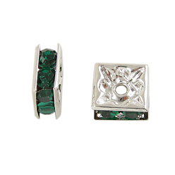 Vert Séparateurs perles en verre avec strass en laiton, carrée, sans nickel, verte, couleur argent plaqué, 6mm x 6 mm x3 mm, Trou: 1mm