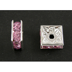 Pink Brass Rhinestone Spacer Beads, Square, Nickel Free, Pink, Silver Color Plated, 6mmx6mmx3mm, hole: 1mm