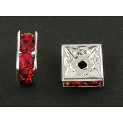 Red Brass Rhinestone Spacer Beads, Square, Nickel Free, Red, Silver Color Plated, 6mmx6mmx3mm, hole: 1mm