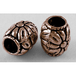 Red Copper Tibetan Style Alloy Beads, Cadmium Free & Lead Free, Barrel with Flower, Red Copper, 8.5x10.5mm, Hole: 4.5mm