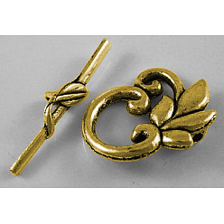 Antique Golden Leaf Tibetan Style Toggle Clasps, Lead Free, Cadmium Free and Nickel Free, Antique Golden, Leaf: 19x24mm, Bar: 5.5x29.5mm, Hole: 1.6mm.