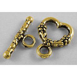 Antique Golden Tibetan Style Toggle Clasps, Cadmium Free & Lead Free, Heart, Antique Golden, 18.5x14mm, Hole: 3mm