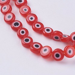 Red Handmade Evil Eye Lampwork Beads Strands, Flat Round, Red, 6x2.5mm, Hole: 1mm, about 64pcs/strand, 13.7 inch(35cm)