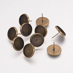 Antique Bronze Brass Earring Settings, Flat Round, Antique Bronze, Tray: 12mm, 14x0.8mm