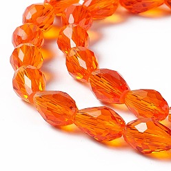 Orange Red Glass Beads Strands, Faceted, Drop, Orange Red, 11x8mm, Hole: 1mm, about 57~59pcs/strand, 26.38~26.77 inch