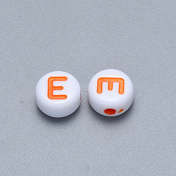 Letter E Craft Acrylic Horizontal Hole Letter Beads, Flat Round, Mixed Color, Letter.E, 7x3.5~4mm, Hole: 1.5mm, about 3600pcs/500g