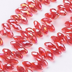 Crimson Electroplate Glass Faceted Teardrop Beads Strands, Top Drilled Beads, AB Color Plated, Crimson, 11.5~13x6mm, Hole: 1mm, about 92~95pcs/strand, 16.5 inch