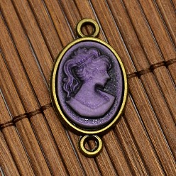 Antique Bronze Nickel Free Antique Bronze Alloy Cabochon Connector Settings and 13x18mm Purple Resin Cameo Lady Head Portrait Cabochons Sets, Settings: 28x15x1.8mm, Tray: 13x18mm, Hole: 2mm