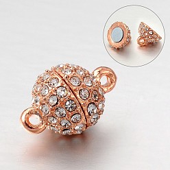 Rose Gold Round Alloy Rhinestone Magnetic Clasps with Loops, Rose Gold, 16x10mm, Hole: 1mm