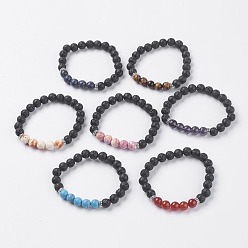 Mixed Stone Natural Lava Rock and Natural/Synthetic Mixed Stone Beads Stretch Bracelets, with Alloy Finding, 2 inch(52mm)