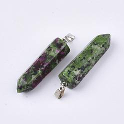 Rubis Zoïsite Rubis naturel dans des pendentifs zoisite, avec les accessoires en laiton de tonalité de platine, balle, 35~37x10~11x9~10mm, Trou: 6~7x2.5~4mm