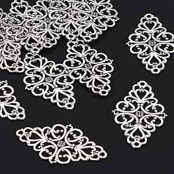 Antique Silver Tibetan Style Alloy Rhombus Filigree Joiners Links, Cadmium Free & Lead Free, Antique Silver, 42x25x1mm, Hole: 2mm