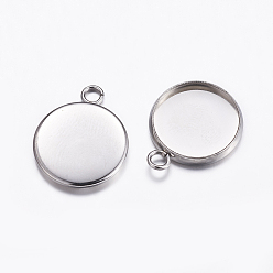Stainless Steel Color 304 Stainless Steel Pendant Cabochon Settings, Plain Edge Bezel Cups, Flat Round, Stainless Steel Color, Tray: 14mm, 19.5x16x2mm, Hole: 2.2mm
