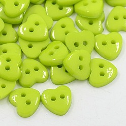 Vert Jaune Boutons acryliques de coeur , boutons de couture en plastique pour la conception de costumes, 2-trou, teint, vert jaune, 12x12x3mm, Trou: 1mm
