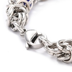 Blue 304 Stainless Steel Byzantine Chain Bracelet for Girl Women, Round Glass Beads Bracelet, Blue, 8-1/4~8-5/8 inch(21~22cm)