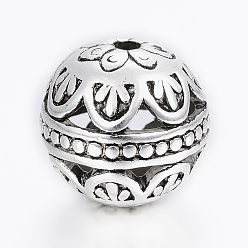 Antique Silver Tibetan Style Alloy Beads, Hollow Round with Flower, Antique Silver, 14mm, Hole: 2mm