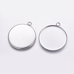 304 Stainless Steel 304 Stainless Steel Pendant Cabochon Settings, Milled Edge Bezel Cups, Flat Round, Tray: 25mm, 31x26x1mm, Hole: 3mm