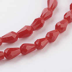 Red Imitation Jade Glass Beads Strands, Faceted, teardrop, Red, 5x3mm, Hole: 1mm, about 100pcs/strand, 18.3 inch~19 inch