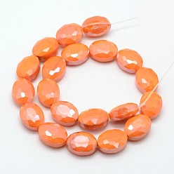 Dark Orange Electroplate Glass Beads Strands, Pearl Luster Plated, Faceted Oval, Dark Orange, 16x12x7mm, Hole: 1mm, about 20pcs/strand, 11.8 inch