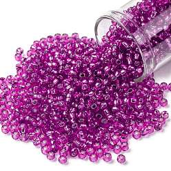 (2214) Silver Lined Hot Pink Toho perles de rocaille rondes, perles de rocaille japonais, (2214) rose vif doublé d'argent, 8/0, 3mm, Trou: 1mm, à propos 222pcs / bouteille, 10 g / bouteille