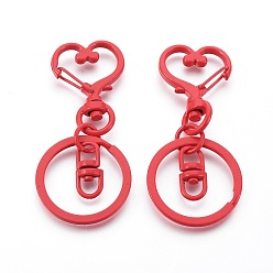 Red Iron Heart Split Key Rings, Keychain Clasp Findings, Lead Free & Nickel Free, Red, 68x30x6mm