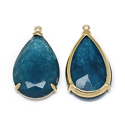 Prussian Blue Natural Jade Pendants, with Brass Findings, Faceted, teardrop, Dyed, Golden, Prussian Blue, 31.5~32.5x18~18.5x5.5~6mm, Hole: 1.4mm