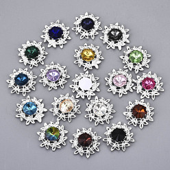 Silver Resin Rhinestone Cabochons, with Brass Findings, Flower, Mixed Color, Silver Color Plated, 22~23x6~8mm