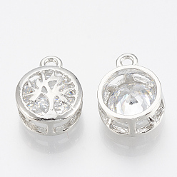 Platinum Alloy Cubic Zirconia Charms, Flat Round with Tree of Life, Platinum, 14.5x10.5x5.5mm, Hole: 1.6mm